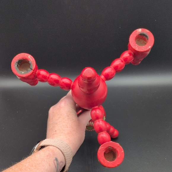 Vintage Swedish Red Wooden Handpainted Candelabra - Picture 3 of 8